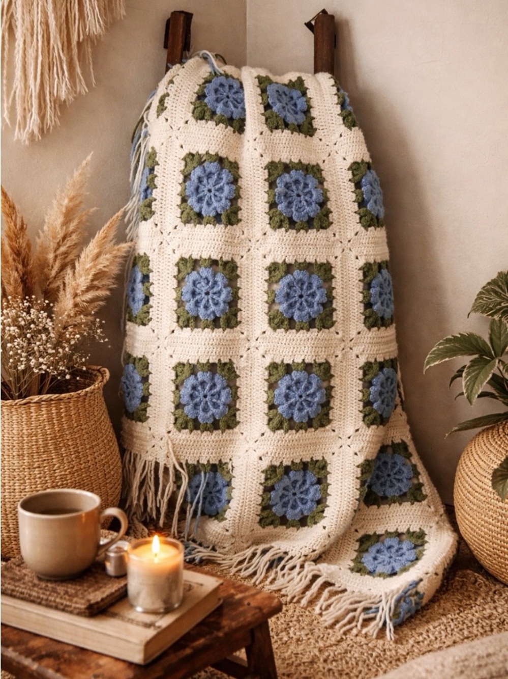 Handmade Crochet Floral Throw Blanket - Cream, Blue & Green
